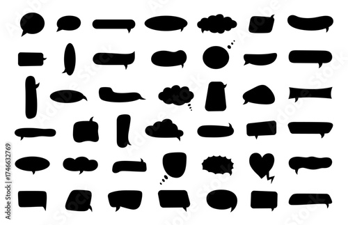 Hand drawn speech bubble set. Callout, cloud, dialogue shapes silhouette, Chat balloon collection black, Vector illustration