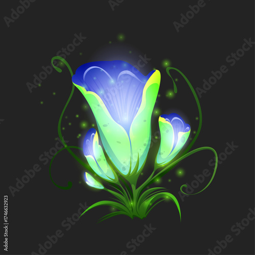 Magical glowing fantasy plants with vibrant blue and green luminescence on a dark background