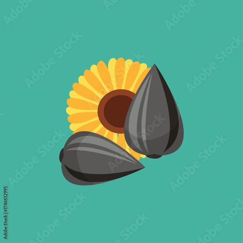 Sunflower Seed and Flower Icon with Simple Flat Design