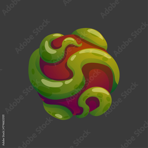 Abstract organic spherical shape with green tentacles, vibrant color, and smooth textures, digital art
