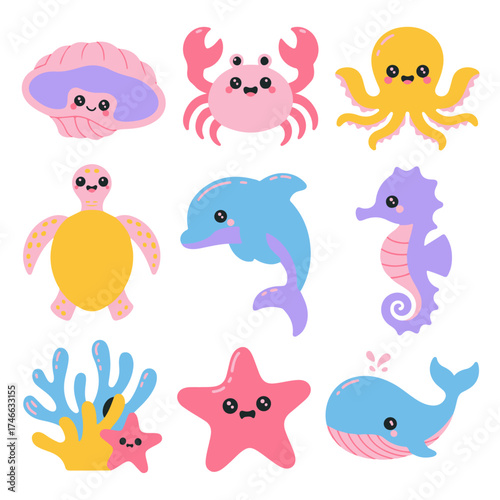 A collection of funny cartoon sea animals including a crab, octopus, fish, dolphin, and turtle vector illustration set