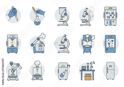 Science Lab Equipment Icons: Microscope Beaker and More.