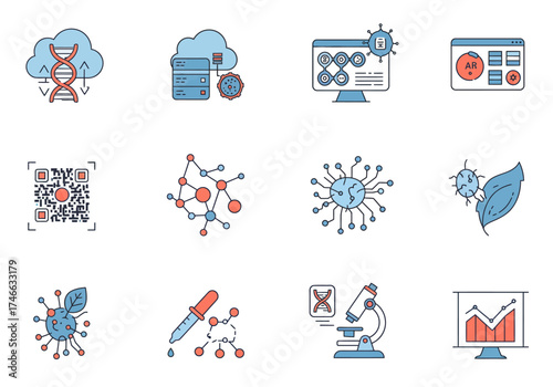 Science and Technology Icons: DNA Cloud Virus and Analysis.