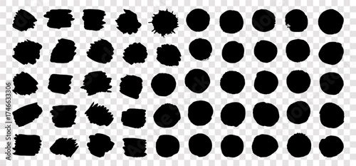 Round ink brush circles and freeform shapes. Grungy vector black ink circles. Brush handdrawn textured punk round artistic Chinese or Korean design elements. Japanese enso zen circles. Sun symbols