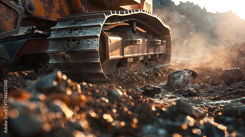 Macro close-up of excavator metal tracks on dirt ground