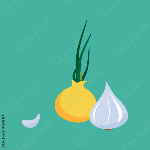 Simple Illustration of a Yellow Onion with Green Sprouts and a Garlic Bulb