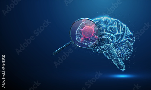 Human brain under magnifying glass with red tumor inside Brain cancer diagnostics, neurological disease detection, pathology investigation, biomedical study concept.