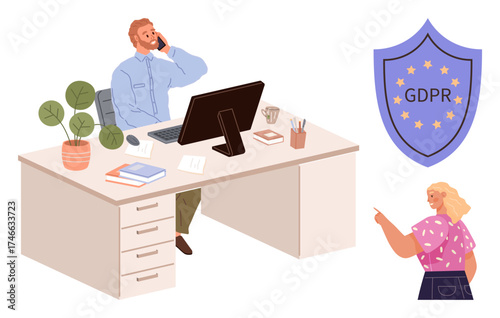 Man on phone at desk with computer and office items, GDPR shield, woman pointing. Ideal for data protection, GDPR communication, compliance, privacy, workplace, information security simple flat