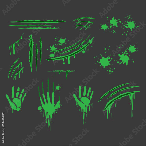 Green Claw Marks and Handprints Scratches and Splatters Vector Graphics Collection