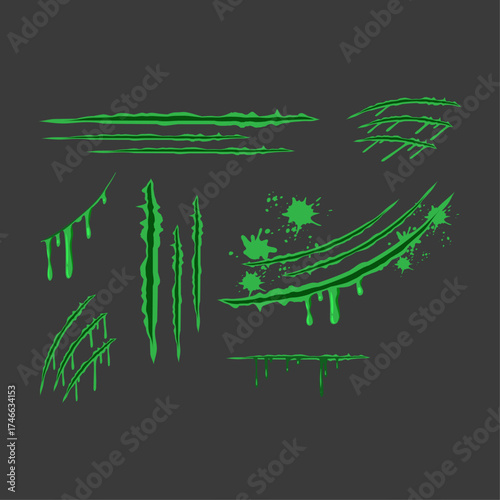 Set of green monster claw scratch marks with dripping effect and splatters on a dark background