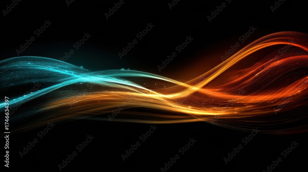 Naklejka premium Colorful Abstract Wave Patterns Create Dynamic Visual Energy in a Dark Background Showcasing Light Movement and Emotion