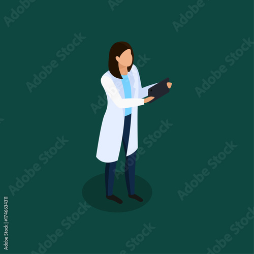 Female doctor in a white lab coat holding a clipboard standing on a dark green background