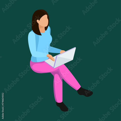 Isometric illustration of a woman sitting and working on a laptop computer