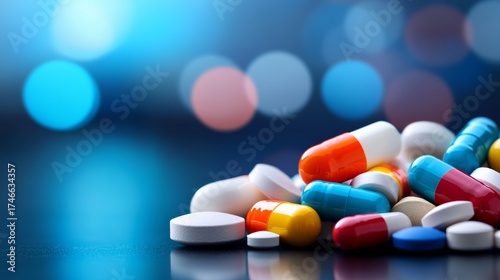 Pharmaceutical industry action colorful capsules and pills display healthcare facility medical content clinical environment close-up view drug impact