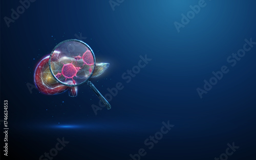 3d pancreas under a magnifying glass with a red tumor inside. Pancreatic cancer diagnostics, disease detection, pathology investigation, biomedical study concept.