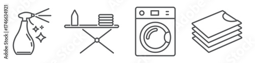 Laundry self service linear icons set isolated on transparent background. Includes washing machine, stack of ironed T-shirts, spray with detergent, iron and board. Perfect symbols for washing service.