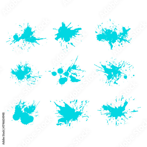 Collection of vibrant teal blue ink splatters and paint splashes on a white background
