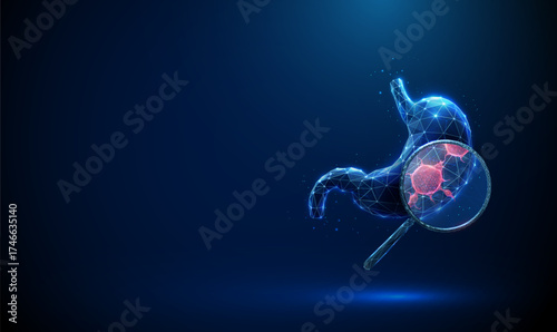 Stomach under magnifying glass with tumor inside. Gastric cancer diagnostics, disease detection, pathology investigation, biomedical study concept.