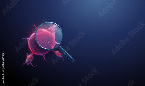 Red tumor under a magnifying glass. Cancer diagnostics, oncology research, disease detection, pathology investigation, biomedical study, health monitoring concept.