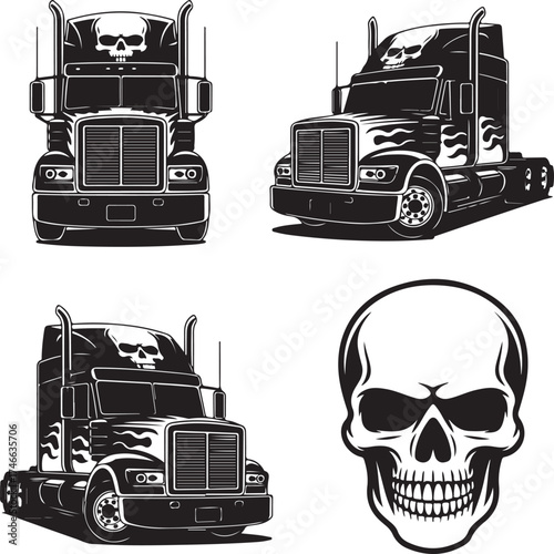 Black and White Vector Illustration of Custom Semi Trucks with Skull Graphics and Detailed Skull Design