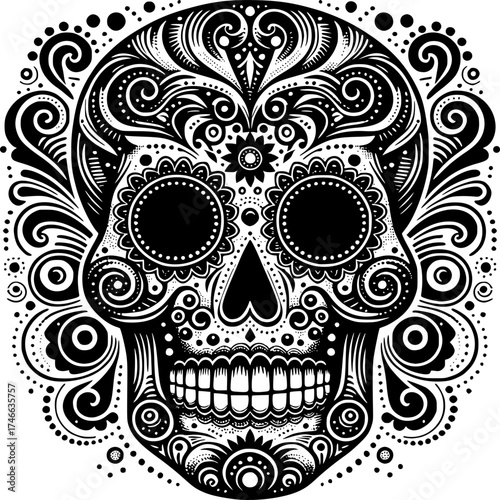 Day of the Dead Skull Illustration: Intricate illustration showcasing a beautifully decorated skull, adorned with floral patterns and symbolic details.