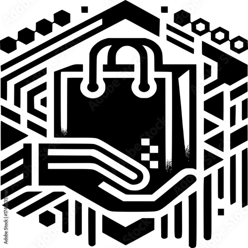 E-Commerce Icon: An illustration of a hand holding a shopping bag, perfect for representing online shopping and consumerism in digital commerce. 