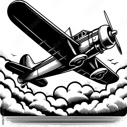 Vintage Aircraft Soaring: A vintage aircraft, in elegant black and white, gracefully ascends above a sea of clouds, propeller in full motion, symbolizing the timeless allure of aviation and freedom.