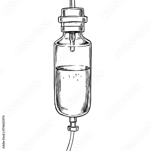 Intravenous fluid bottle with clear liquid 