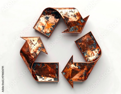 A metallic, rusty recycle symbol against a white backdrop. The arrow heads are angled with a slight 3D effect