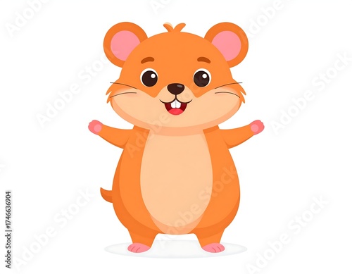 A cute cartoon hamster with orange fur, pink ears and paws, smiling with arms outstretched, standing on a white background