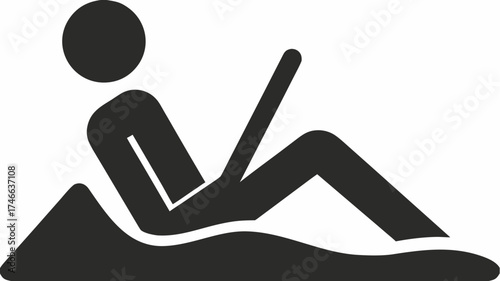 Modern minimalist icon of person relaxing on beach with tablet, simple vacation vibes for travel app or summer campaign, vector graphic elegance