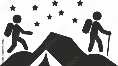 Reach for the stars with hiking adventure! Inspiring mountain climb for outdoor enthusiasts, motivational journey towards success, achieving goals, vector icon