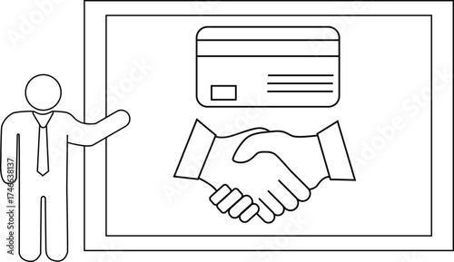 A person presents a graphic featuring a credit card and handshake enclosed in a frame
