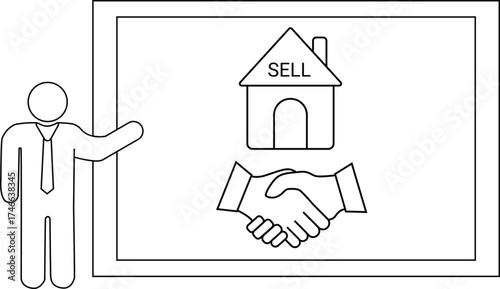 Illustration realtor presents sell house offer handshake