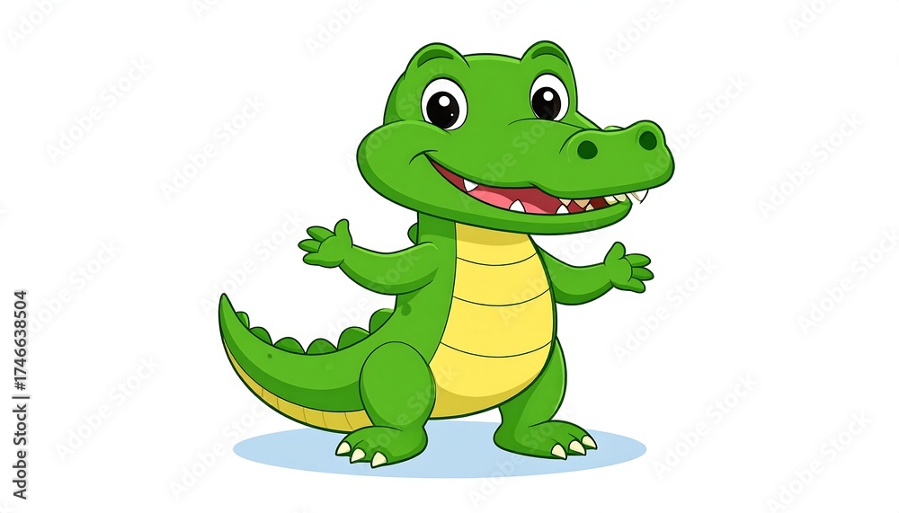Fototapeta premium A cheerful, cartoon alligator with a big smile, welcoming arms, and a bright green and yellow color scheme. Its eyes are round, and it has small teeth