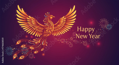 A golden phoenix soars amidst fireworks, wishing everyone a happy new year celebration. Vector illustration.
