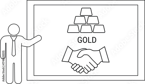 Man presenting gold with stacks handshake and GOLD on a screen