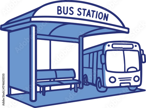 Blue Bus Station with Bench and Bus stop shelter