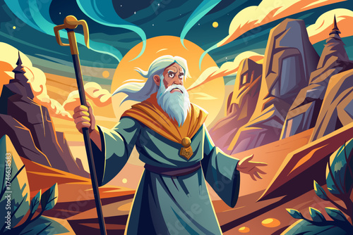 vector of It is bent, but not broken.
The old man bent his stature with time, not his heart.
His staff is the pillar of his faith on the road to the light.