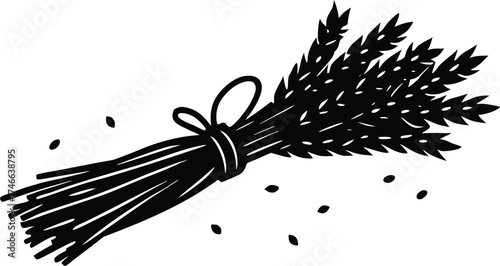 a bundle of rice ears, tied with a rope, with grains scattered around silhouette vector