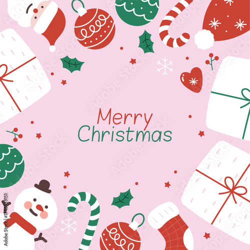 Christmas card with minimalistic flat items. Vector background with ornaments and presents. Graphic composition with text Merry Christmas. Festive pink frame.