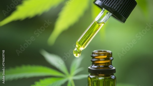 Extracting healing properties cbd oil dropper over bottle surrounded by green cannabis leaves nature setting macro photography