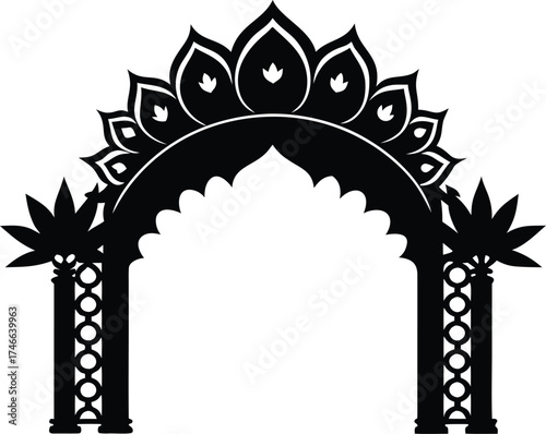  ornate black and white Indian wedding arch vector illustration decorative entrance gate with lotus design