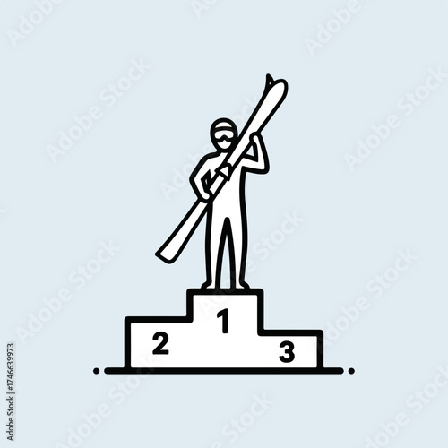 Skier stands on podium holding skis overhead, skis held high as triumphant victory image. Skier expresses victorious achievement, celebration of a winter sport, skis over head after championship.