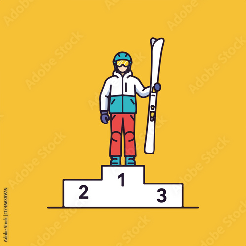 Skier on podium, proudly presenting winter sports equipment. Skier, victorious after winter sports competition and holding skis, exemplifies the triumph of athletic sportsmanship and dedication.