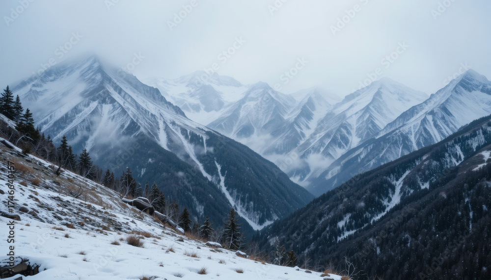 Obraz premium A vast mountain range during a gentle snowfall, wrapped in mist