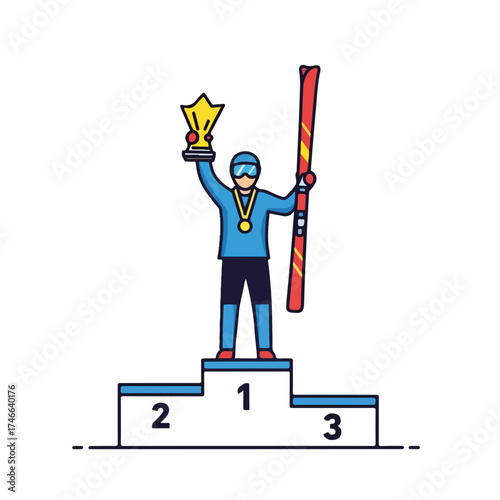 Ski champion illustration with golden trophy held aloft on victory podium. Ski champion has won and holds his award with pride, as ski champion succeeds at competition.