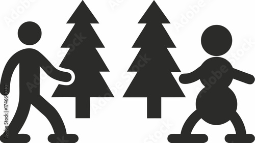 Stylized couple hiking through pine forest, celebrating outdoor adventure and healthy lifestyle, nature escape, simple vector graphic design for eco tourism