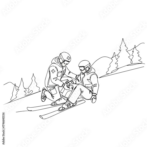 Drawing illustration of a ski injury incident with a person helping injured skier. This ski injury illustration shows care from a ski patrol towards injured person on mountain slope.
