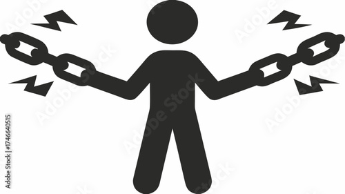 Empowered silhouette breaking free from metaphorical chains, representing liberation, strength, and overcoming obstacles with dynamic energy bursts